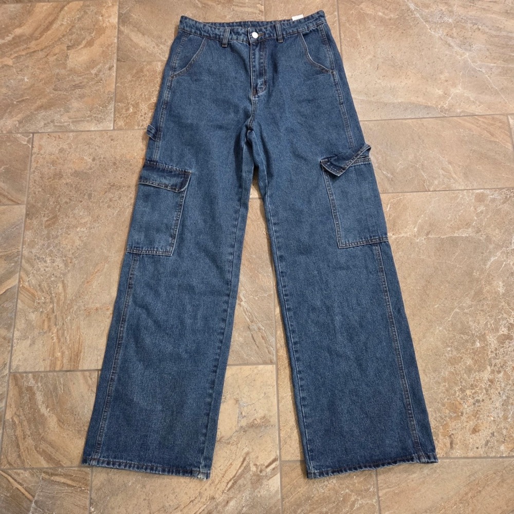 SHEIN Women's Wide Leg Cargo Jeans Blue Denim Size L